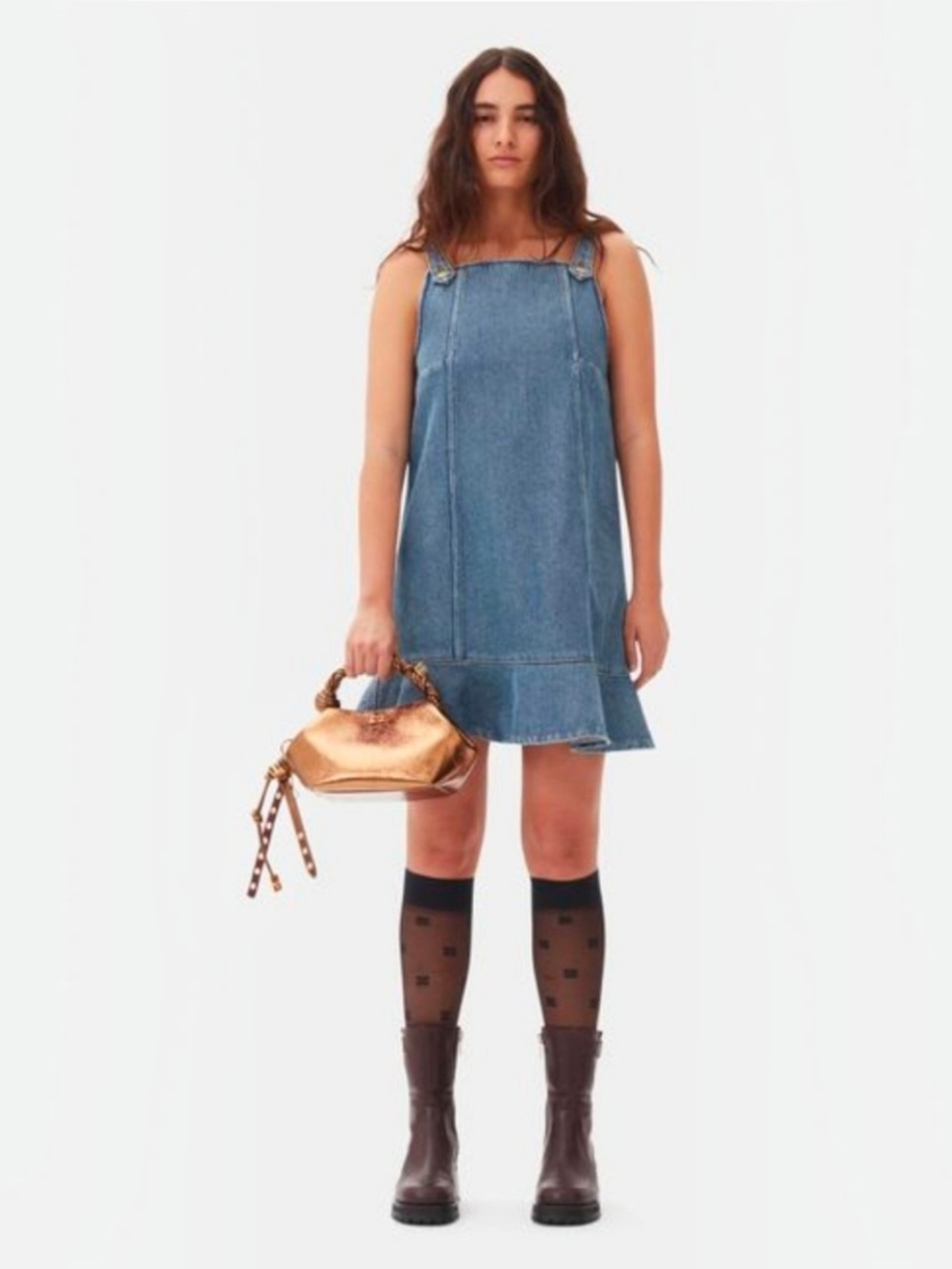 GANNI Blue Denim Ruffle Hem Mini Dress Size 36 US Small J1584